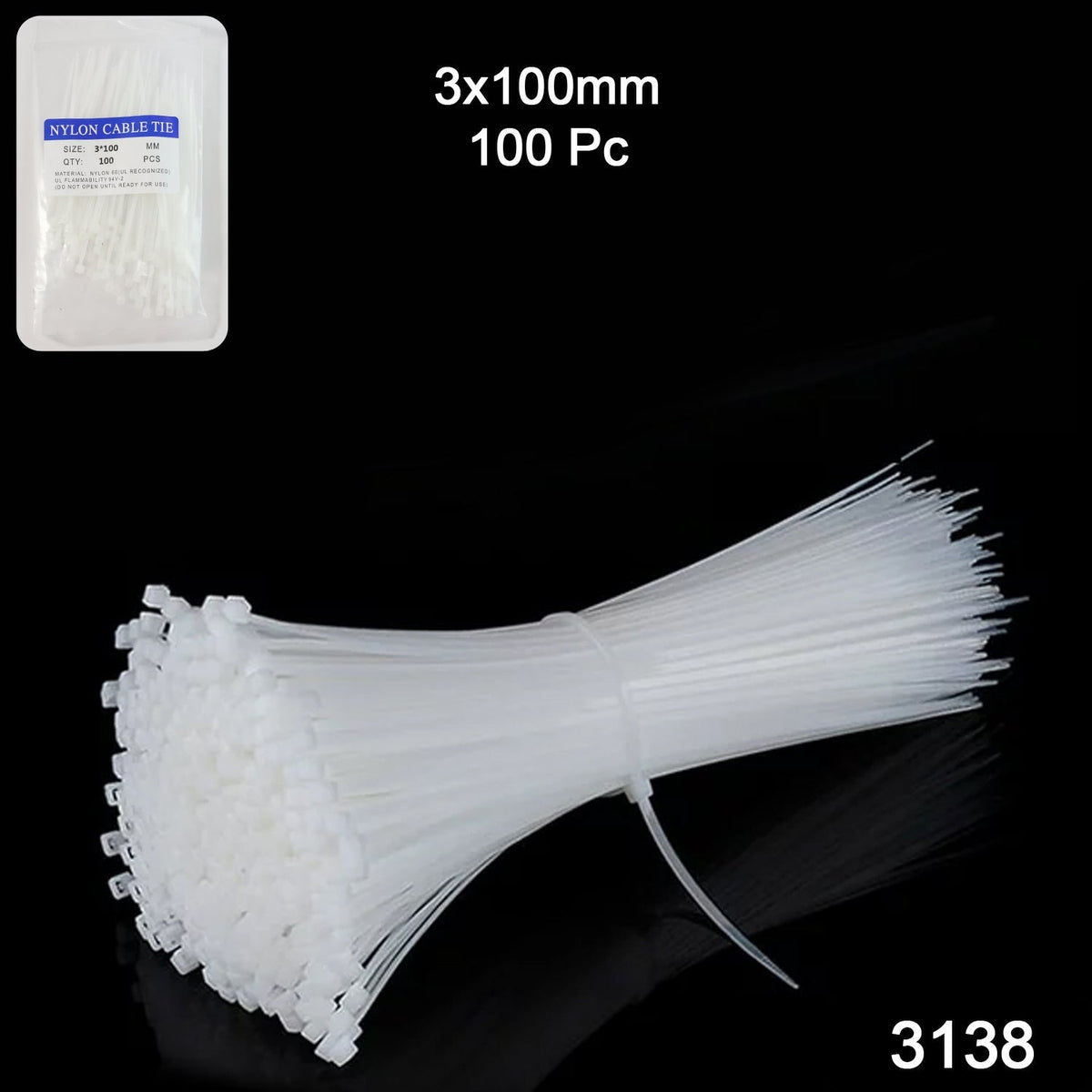 3×100 MM Nylon Self-Locking Cable Ties – Heavy Duty Zip Wire Tie (100 Pc)