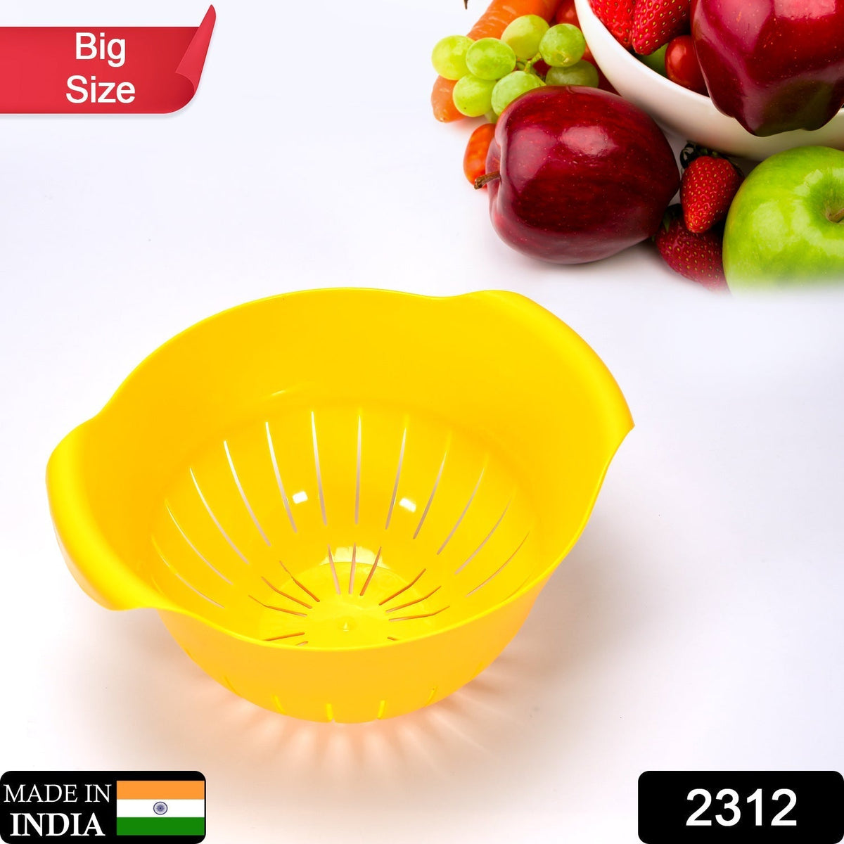 Plastic bowl with built-in strainer for noodles.