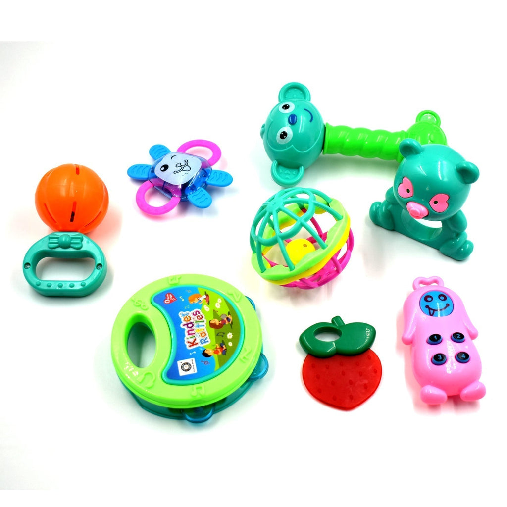 Set of sensory baby rattles with different textures and colors for infants.