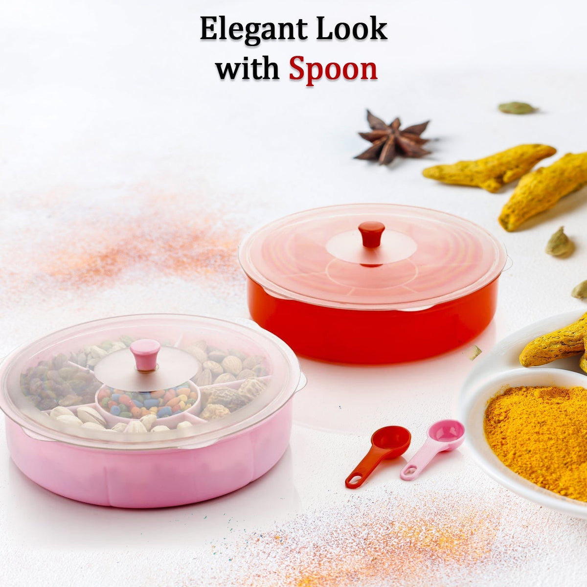 Masala and dry-fruit box with integrated spoon