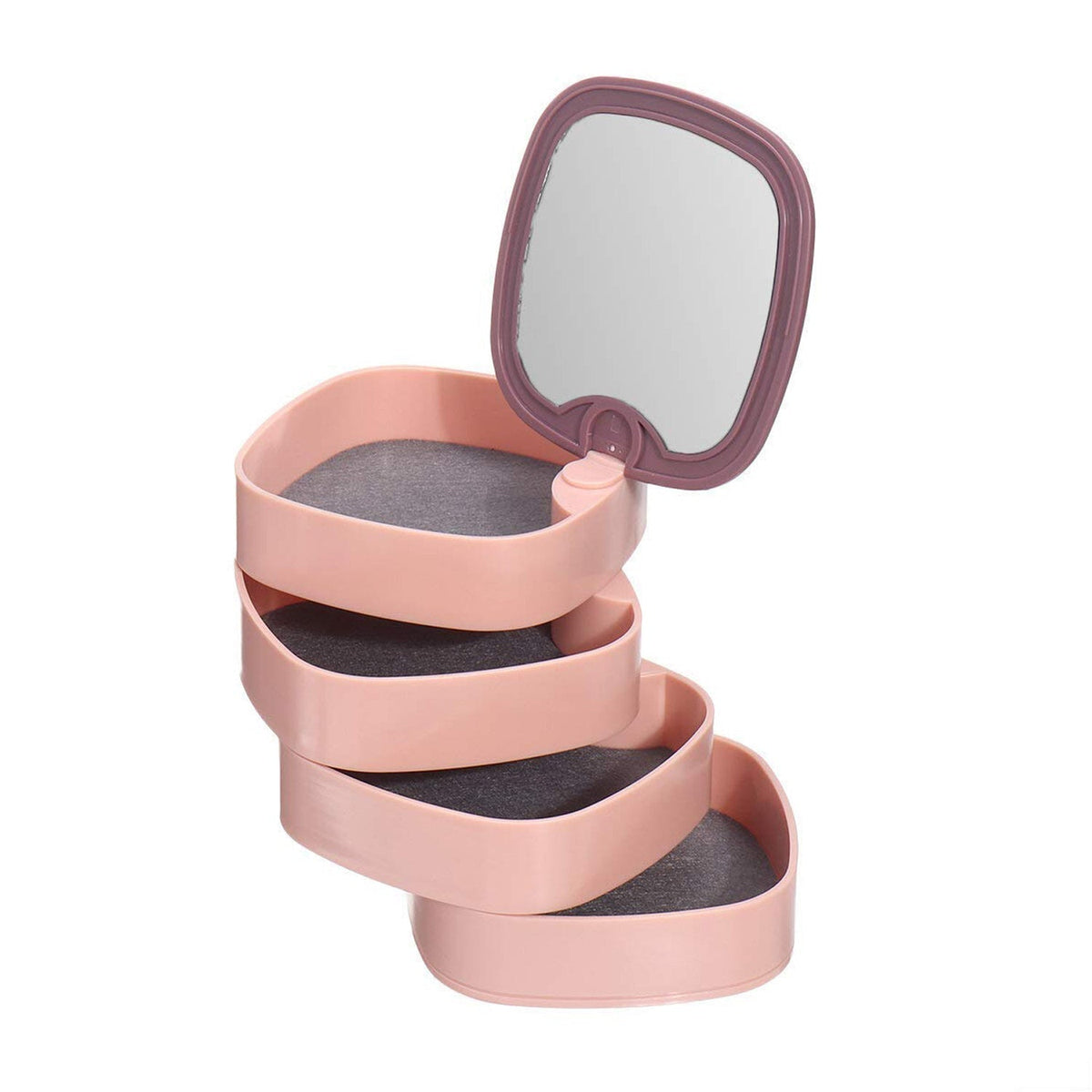 Rotating jewelry box with layers open, showing storage space