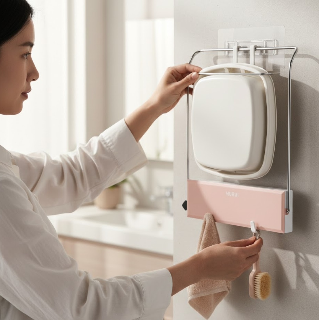 Wall-Mounted Foldable Wash Basin Storage Rack with Self-Adhesive Sticker