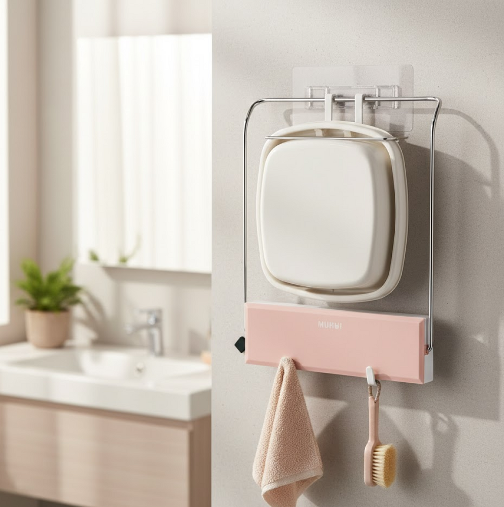 Wall-Mounted Foldable Wash Basin Storage Rack with Self-Adhesive Sticker