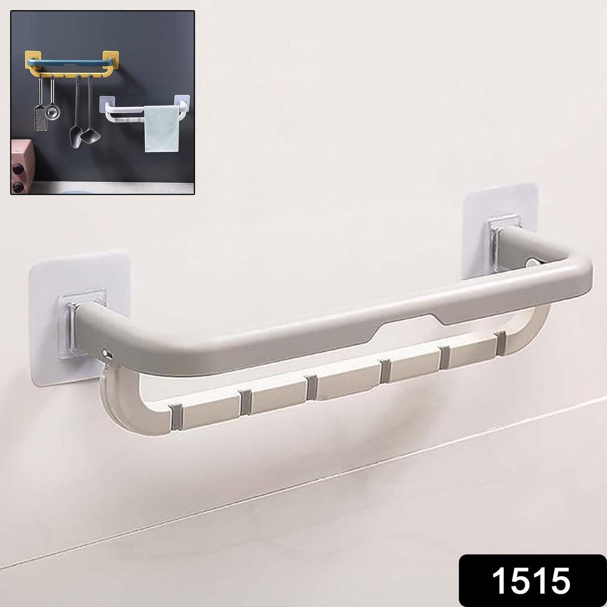 Wall-Mounted Double Bar Towel Holder with Hooks & Adjustable Folding Shelf