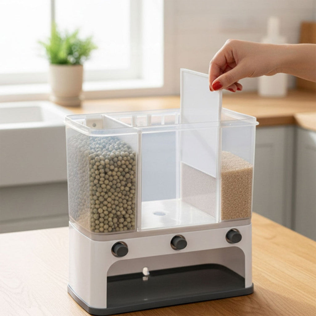 Easy Flow Cereal Dispenser for Kitchen 3 in 1 Push Button Wall Mount Container