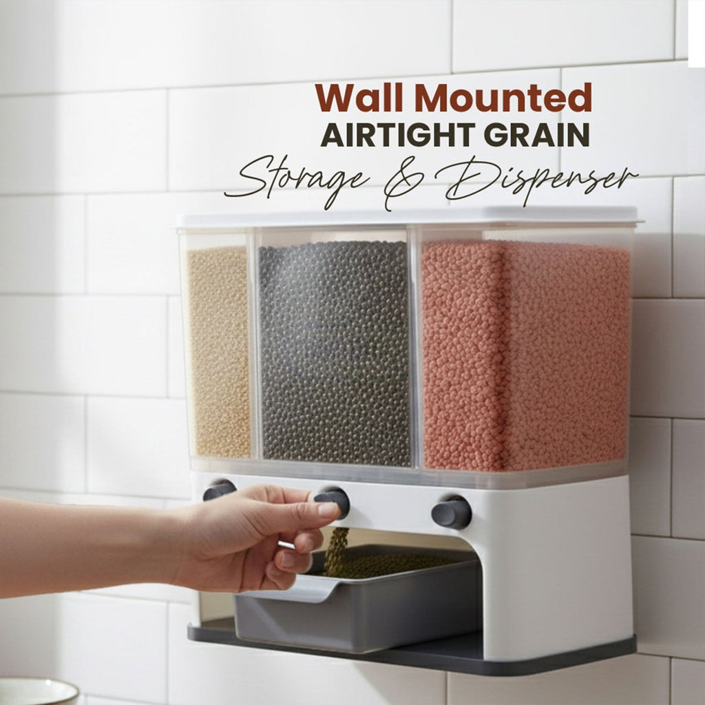 Easy Flow Cereal Dispenser for Kitchen 3 in 1 Push Button Wall Mount Container